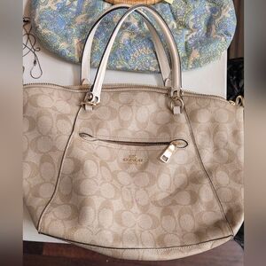 Coach Tan Shoulder Bag with Textured Fabric and Spacious Compartment